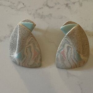 Abstract Tan & Turq Stone look pierced Earrings Vintage